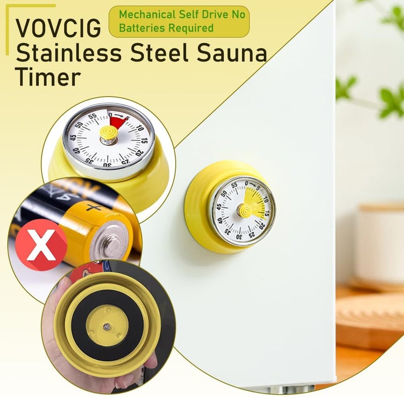 VOVCIG Stainless Steel Sauna Timer, Mechanical Clock Timer Sauna Accessory for Sauna Rooms and Spas, Up to 55 Minutes, Mechanical Self Drive No Batteries Required (Yellow) - Image 5